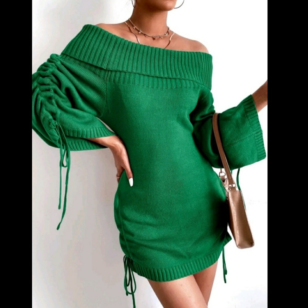 Off Shoulder Drawstring Ruched Sweater Dress - image 5
